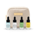 Trousse Voyage Gemology et ses quatre soins visage de 5 ml : Concentré Malachite, Concentré Smithsonite, Sérum Hydratation Jade et Délice de Péridot